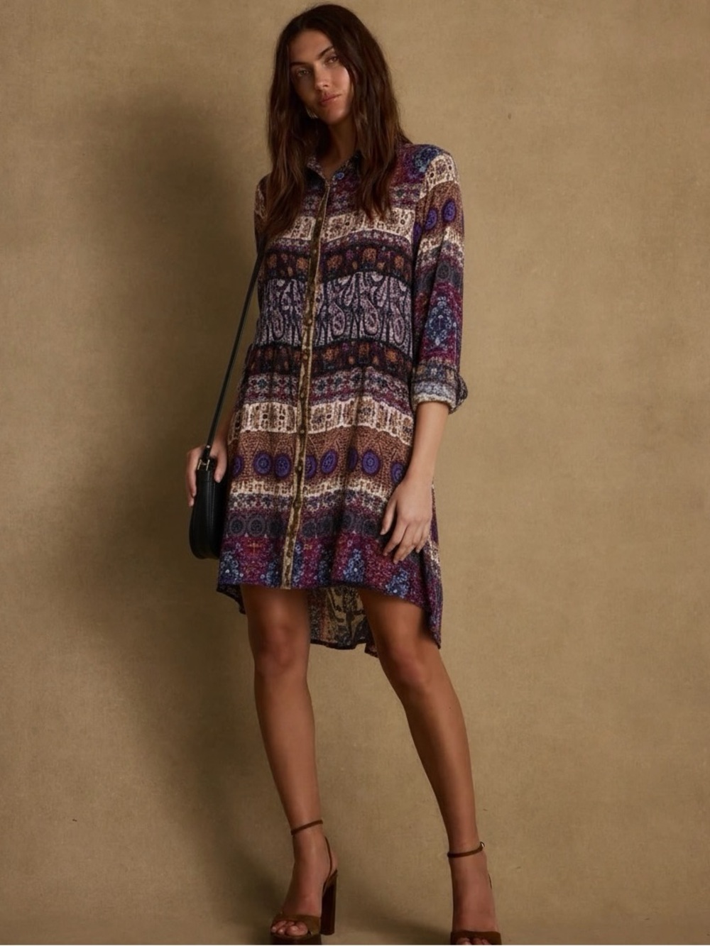 Aratta Multicolor Boho Paisley Velvet Detail Button-Front Dress
